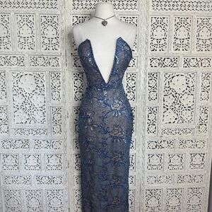 Meshki Blue Sequin Mesh Fairycore Low V Cut Fitted Formal Cocktail‎ Dress Sz XS